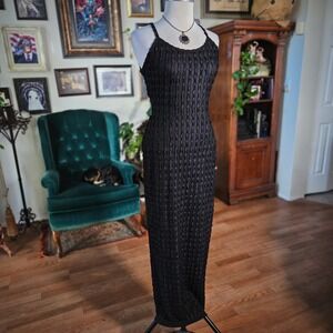 Black Popcorn Maxi Dress Open Back Strappy Criss Cross Textured Gown Large